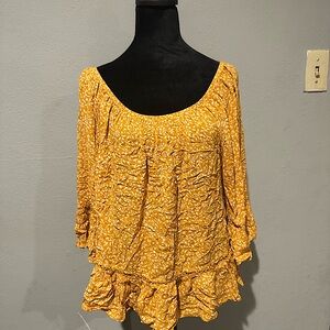 Democracy Yellow Blouse with Off-the-Shoulder Style and Ruffled Hem